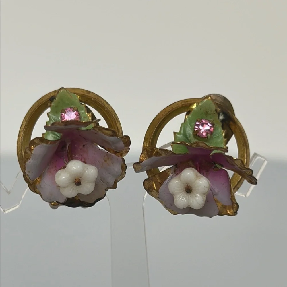 Vintage enamel austria Floral Gold and Pink Earrings​